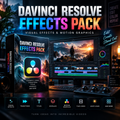 Promotional graphic for a Davinci Resolve effects and motion graphics pack, showing a software box, a monitor with a scenic edit, a color wheel, and feature icons on a dark studio background.