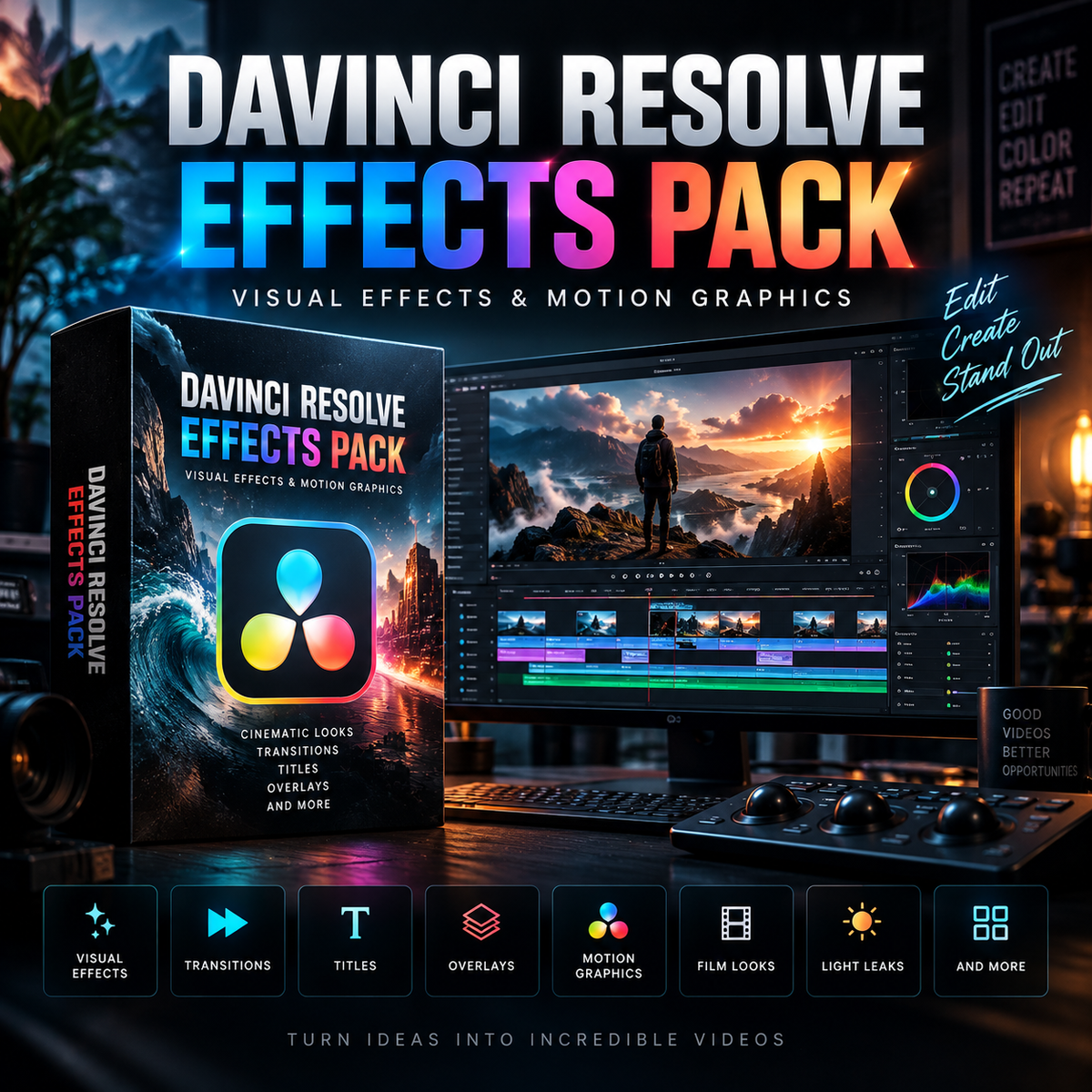 Promotional graphic for a Davinci Resolve effects and motion graphics pack, showing a software box, a monitor with a scenic edit, a color wheel, and feature icons on a dark studio background.