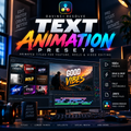 Promotional graphic for Davinci Resolve text animation presets, showing a computer monitor with video editing interface, colorful title text, a mug, and feature callouts on a dark studio background.
