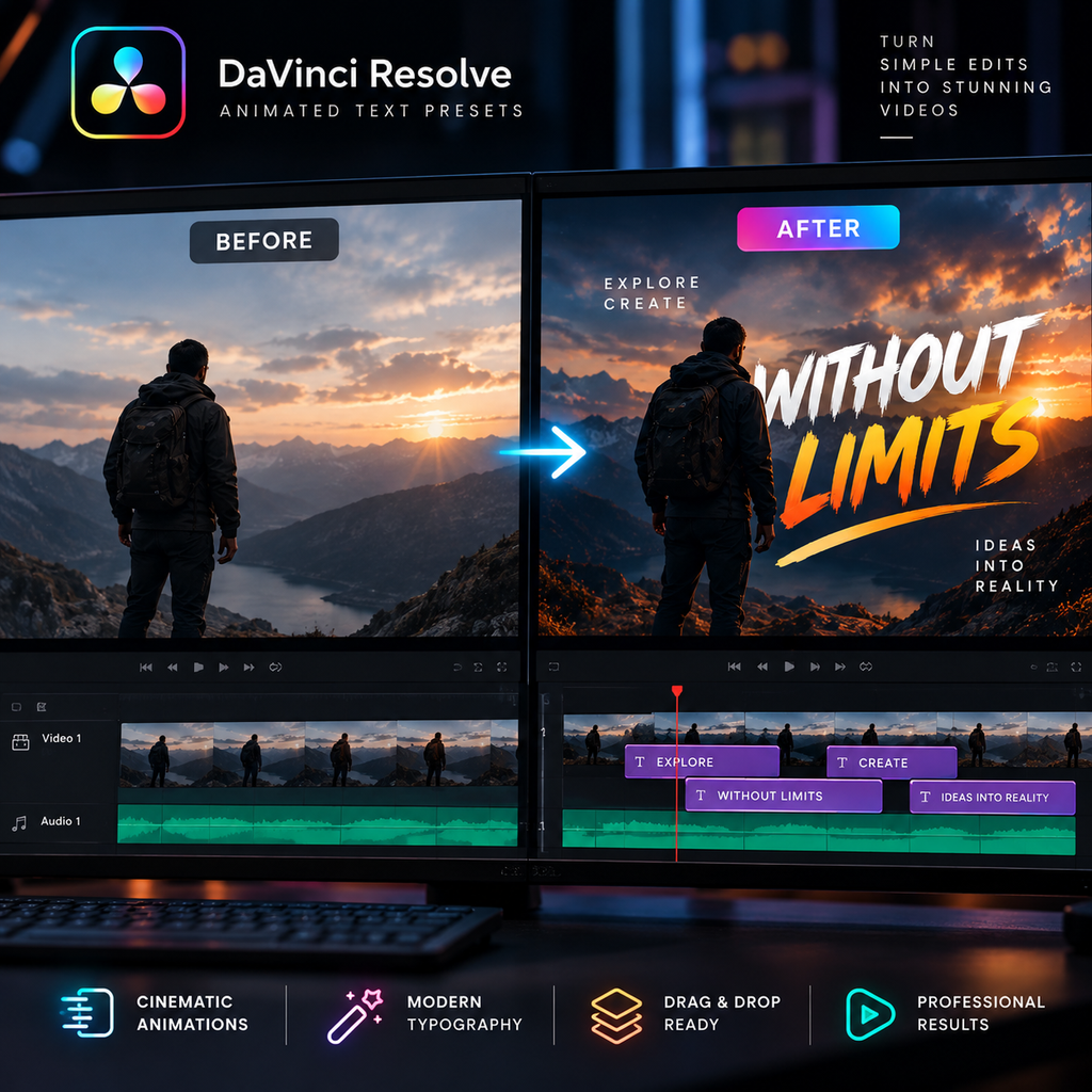 DaVinci Resolve animated title presets showing a before-and-after video transformation with cinematic text effects.