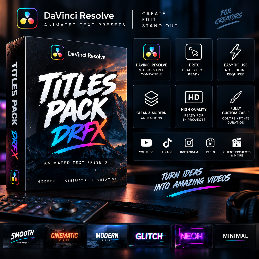 DaVinci Resolve DRFX title presets showing compatibility, drag-and-drop use, customization, and supported creative workflows.