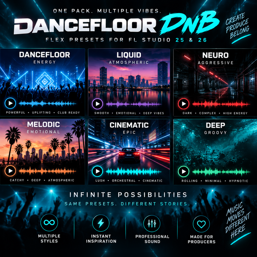 Dancefloor DnB FLEX presets showing Dancefloor, Liquid, Neuro, Melodic, Cinematic, and Deep styles for FL Studio.