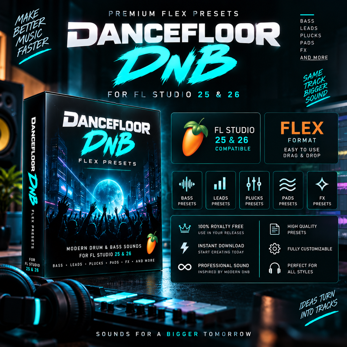 Promotional graphic for Dancefloor DNB Flex Presets for FL Studio 25 & 26, showing a software preset box cover, compatibility icons, feature badges, and a dark stage-like background with speakers and a mixer.