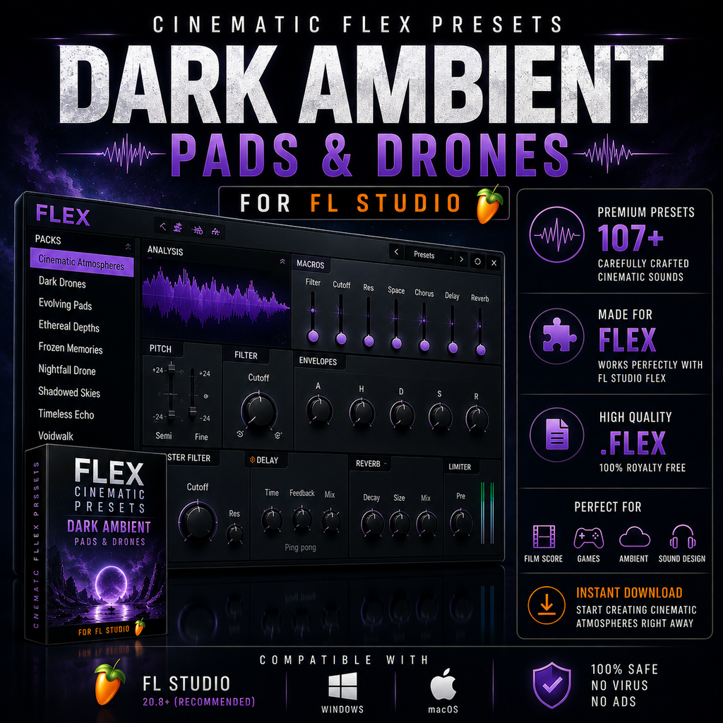 Promotional graphic for FL Studio presets titled 'Dark Ambient Pads & Drones' by Cinematic Flex, showing the Flex preset interface, packaging art, feature callouts, and compatibility with Windows and macOS.