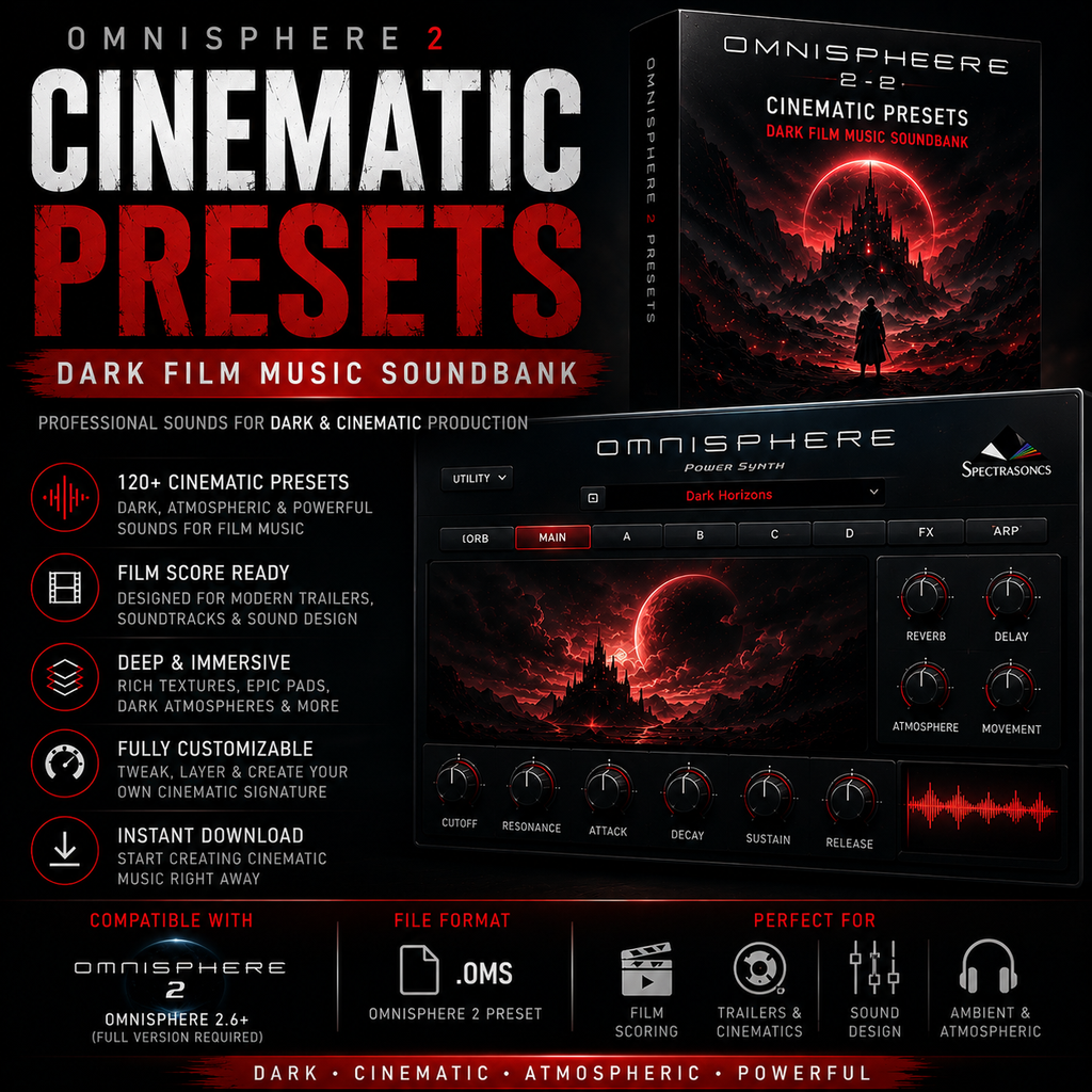 Promotional graphic for Omnisphere 2 cinematic presets, featuring six dark atmospheric scene thumbnails labeled Dark Suspense, Dystopian Atmosphere, Epic Drama, Sci-Fi Ambience, Mysterious Textures, and Emotional Depth, with bold red and white text at the top and bottom.