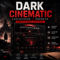 Promotional graphic for 'Dark Cinematic' Omnisphere 2 presets, showing a dark film music soundbank software box with red and black controls, set against a dark fantasy scene with a soldier silhouette and cinematic title text.