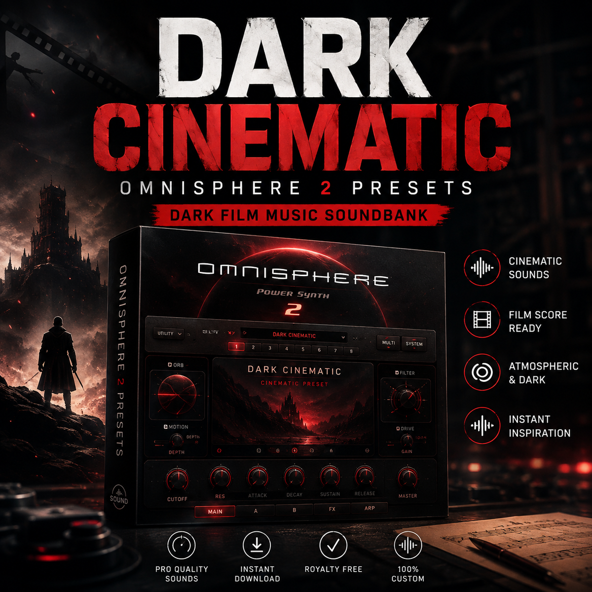 Promotional graphic for 'Dark Cinematic' Omnisphere 2 presets, showing a dark film music soundbank software box with red and black controls, set against a dark fantasy scene with a soldier silhouette and cinematic title text.