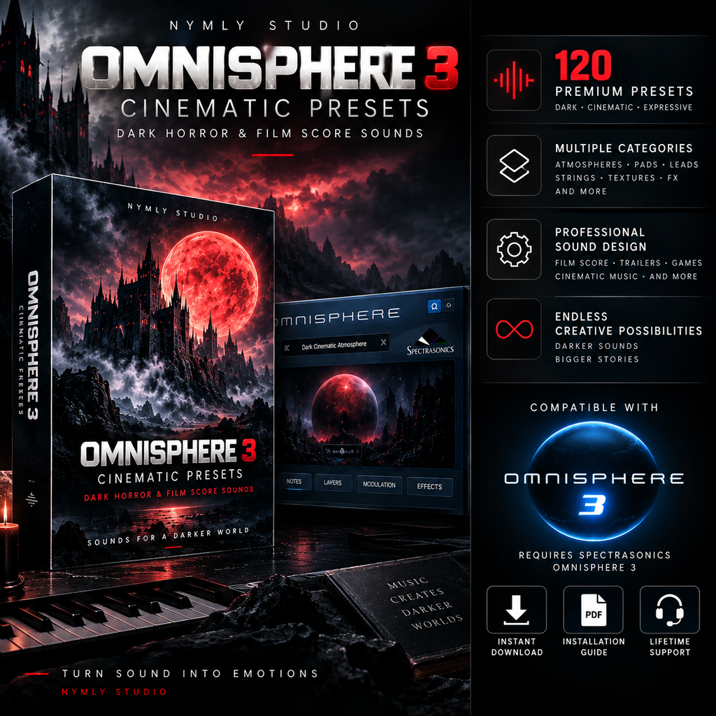 Promotional graphic for Omnisphere 3 cinematic presets by Nymly Studio, showing a dark horror-themed software box, a software interface window, and feature callouts on a black background with red glowing moon imagery.