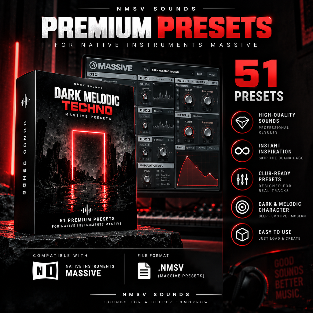 Promotional graphic for NMSV Sounds Premium Presets for Native Instruments Massive, showing the product box, a screenshot of the Massive plugin interface, and text highlighting 51 presets, compatibility with Native Instruments Massive, and .nsv file format.