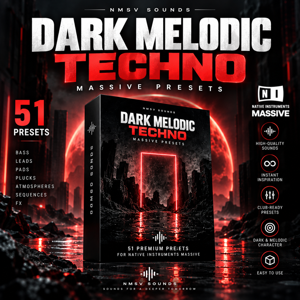 Promotional graphic for a digital preset pack titled 'Dark Melodic Techno Massive Presets' by NMSV Sounds, shown with a central software box mockup, large red and white title text, and feature icons on a dark red sci-fi city background.