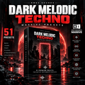 Promotional graphic for a digital preset pack titled 'Dark Melodic Techno Massive Presets' by NMSV Sounds, shown with a central software box mockup, large red and white title text, and feature icons on a dark red sci-fi city background.