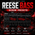 Promotional graphic for a Reese Bass Serum preset pack, showing large distressed white and red title text over a dark red and black techno background with speaker graphics and a software interface preview.