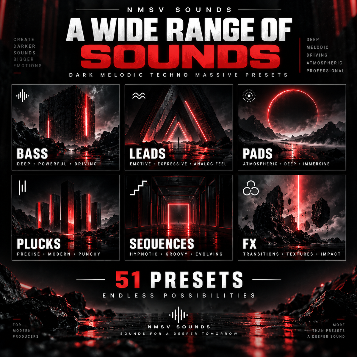 Promotional graphic for NMSV Sounds 'A Wide Range of Sounds' featuring six dark melodic techno preset categories: Bass, Leads, Pads, Plucks, Sequences, and FX, with '51 Presets' highlighted in red over a moody black and red landscape background.