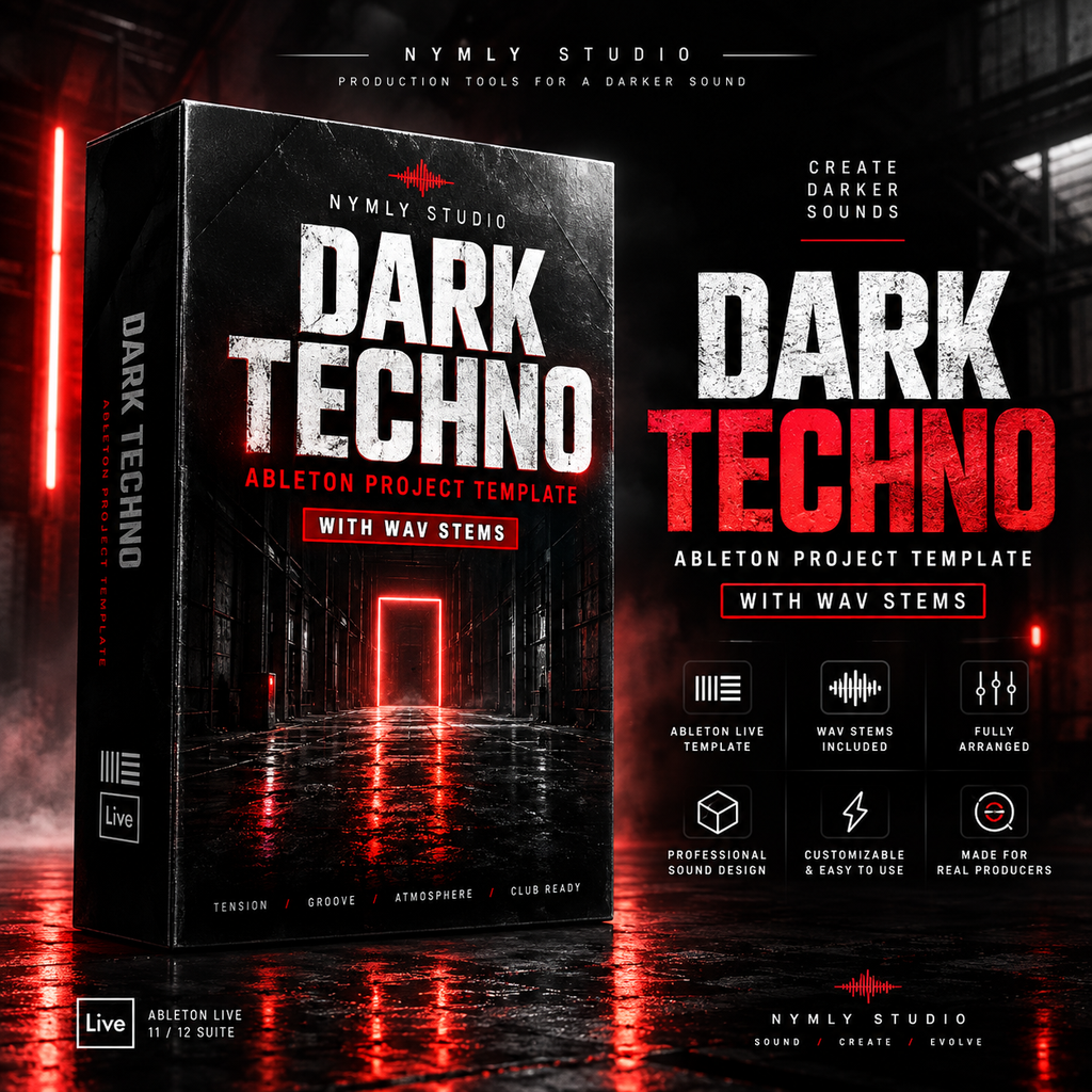 Digital product cover for a Dark Techno Ableton Project Template by Nymly Studio, featuring a black box-style package with red glowing neon accents and text, alongside feature callouts on a dark red reflective floor.