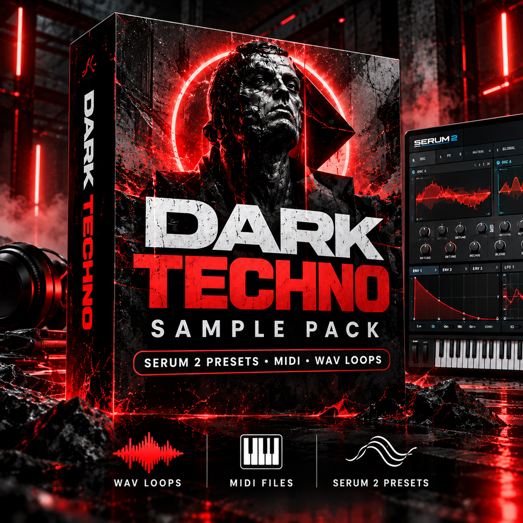 Digital cover art for a dark techno sample pack, showing a large box labeled 'DARK TECHNO SAMPLE PACK' with red glowing graphics, alongside a software interface and icons for wav loops, midi files, and serum 2 presets.