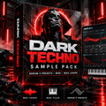 Digital cover art for a dark techno sample pack, showing a large box labeled 'DARK TECHNO SAMPLE PACK' with red glowing graphics, alongside a software interface and icons for wav loops, midi files, and serum 2 presets.