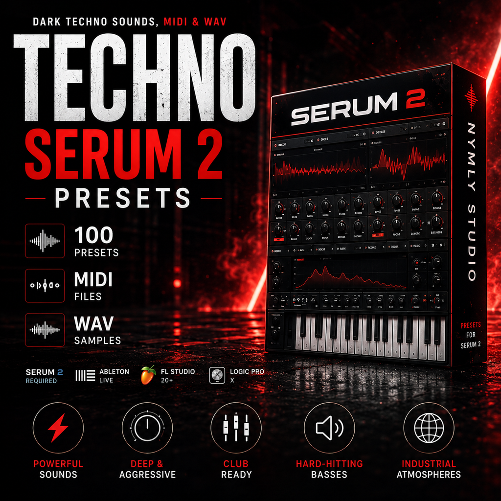 Promotional graphic for 'Techno Serum 2 Presets' showing a rendered Serum 2 virtual instrument module on the right and large marketing text on the left, including '100 presets', 'MIDI files', 'WAV samples', and feature callouts such as powerful sounds, deep and aggressive, club ready, hard-hitting basses, and industrial atmospheres.