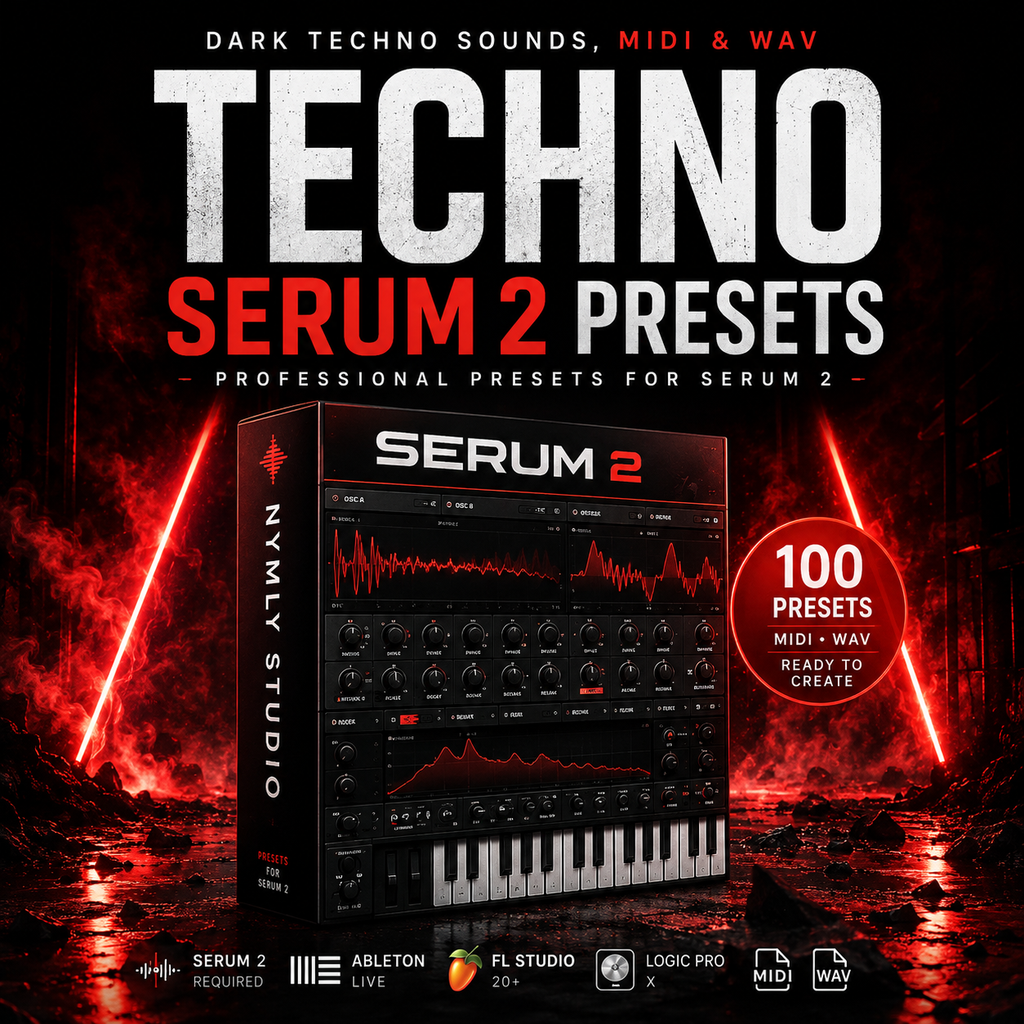 Promotional cover art for 'Techno Serum 2 Presets' showing a boxed preset pack with a dark red and black interface, large white and red title text, and a fiery red-and-black background. Visible text includes 'Serum 2', '100 presets', 'MIDI', 'WAV', and software compatibility icons for Ableton Live, FL Studio, and Logic Pro X.