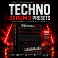 Promotional cover art for 'Techno Serum 2 Presets' showing a boxed preset pack with a dark red and black interface, large white and red title text, and a fiery red-and-black background. Visible text includes 'Serum 2', '100 presets', 'MIDI', 'WAV', and software compatibility icons for Ableton Live, FL Studio, and Logic Pro X.