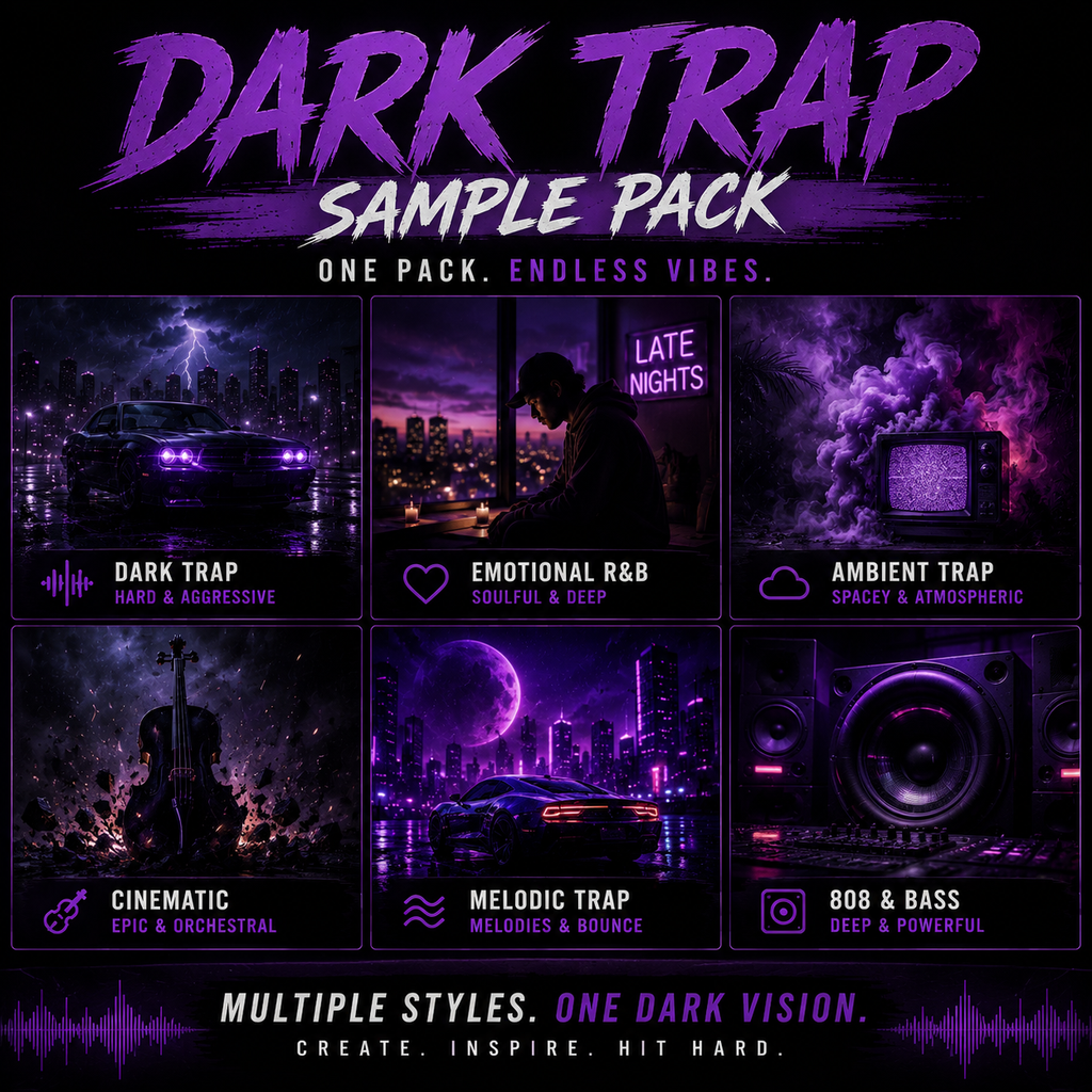 Promotional graphic for a dark trap sample pack with six preview tiles showing neon purple and black city scenes, a car, a cello, a speaker, and text reading 'Dark Trap Sample Pack' and 'One Pack. Endless Vibes.