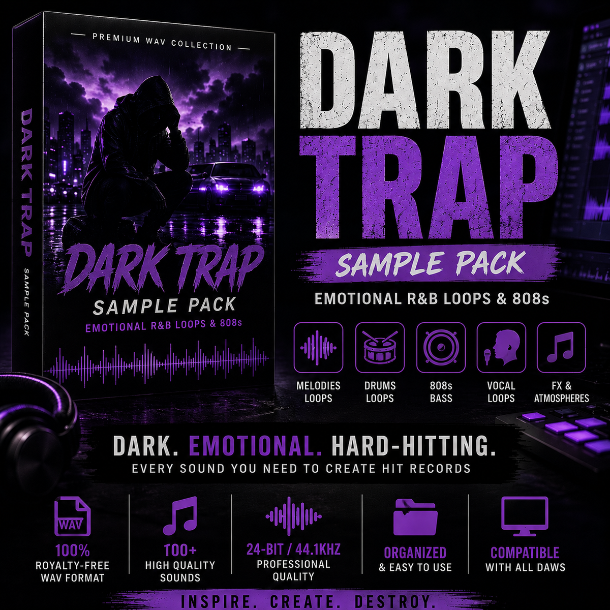 Promotional graphic for a dark trap sample pack, showing a boxed cover design with a hooded figure against a purple neon city skyline. Large text reads 'DARK TRAP SAMPLE PACK,' with smaller descriptive copy about emotional R&B loops and 80s.
