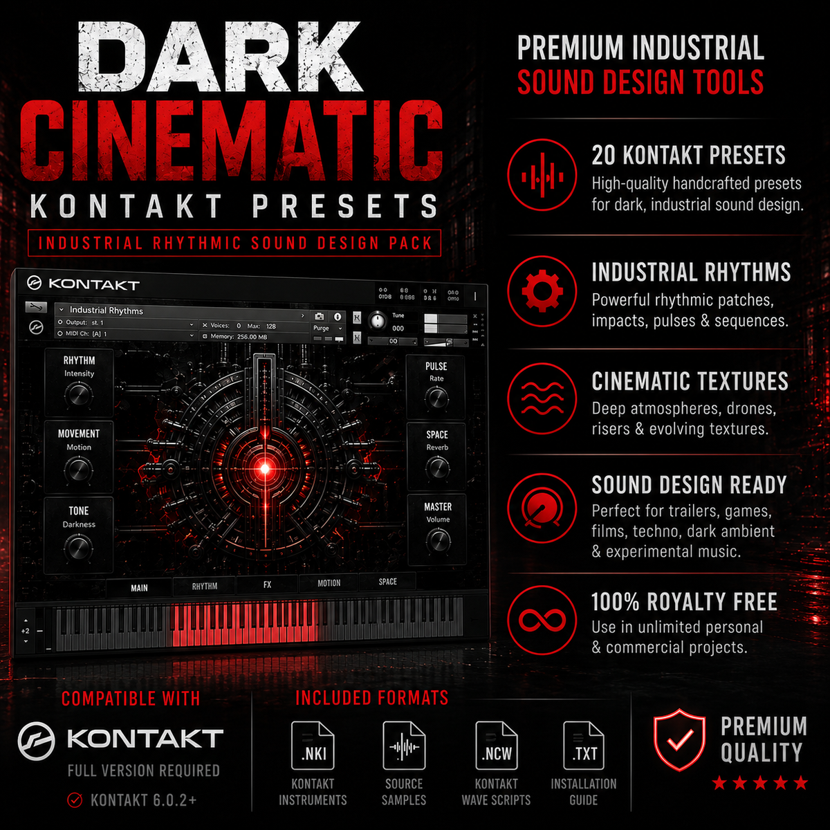 Promotional graphic for Kontakt presets titled 'Dark Cinematic' in red and white text over a dark industrial-themed background. The center shows a stylized VST-style sound design interface with red glow effects and knobs.