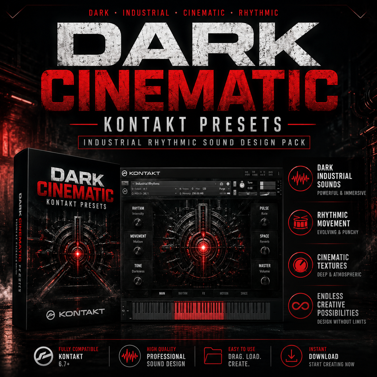 Promotional graphic for Kontakt presets titled 'Dark Cinematic', showing a software interface and box art with red, black, and white industrial design elements on a dark background.