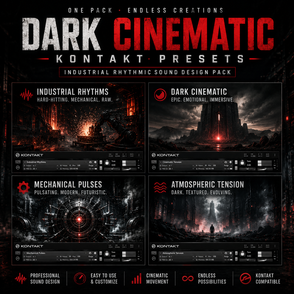 Promotional graphic for a preset pack titled 'Dark Cinematic' for Kontakt sound design, showing four dark cinematic scene thumbnails labeled Industrial Rhythms, Dark Cinematic, Mechanical Pulses, and Atmospheric Tension with feature callouts along the bottom.