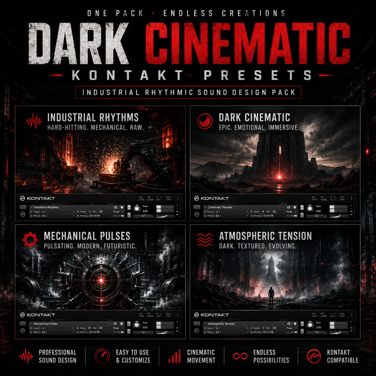 Promotional graphic for a preset pack titled 'Dark Cinematic' for Kontakt sound design, showing four dark cinematic scene thumbnails labeled Industrial Rhythms, Dark Cinematic, Mechanical Pulses, and Atmospheric Tension with feature callouts along the bottom.