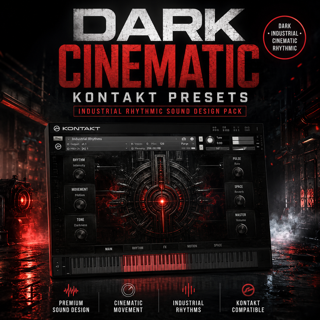 Promotional graphic for Dark Cinematic Kontakt Presets, showing a dark industrial-themed preset pack cover with a virtual audio workstation interface centered, large title text, and feature badges for industrial rhythmic sound design and Kontakt compatibility.