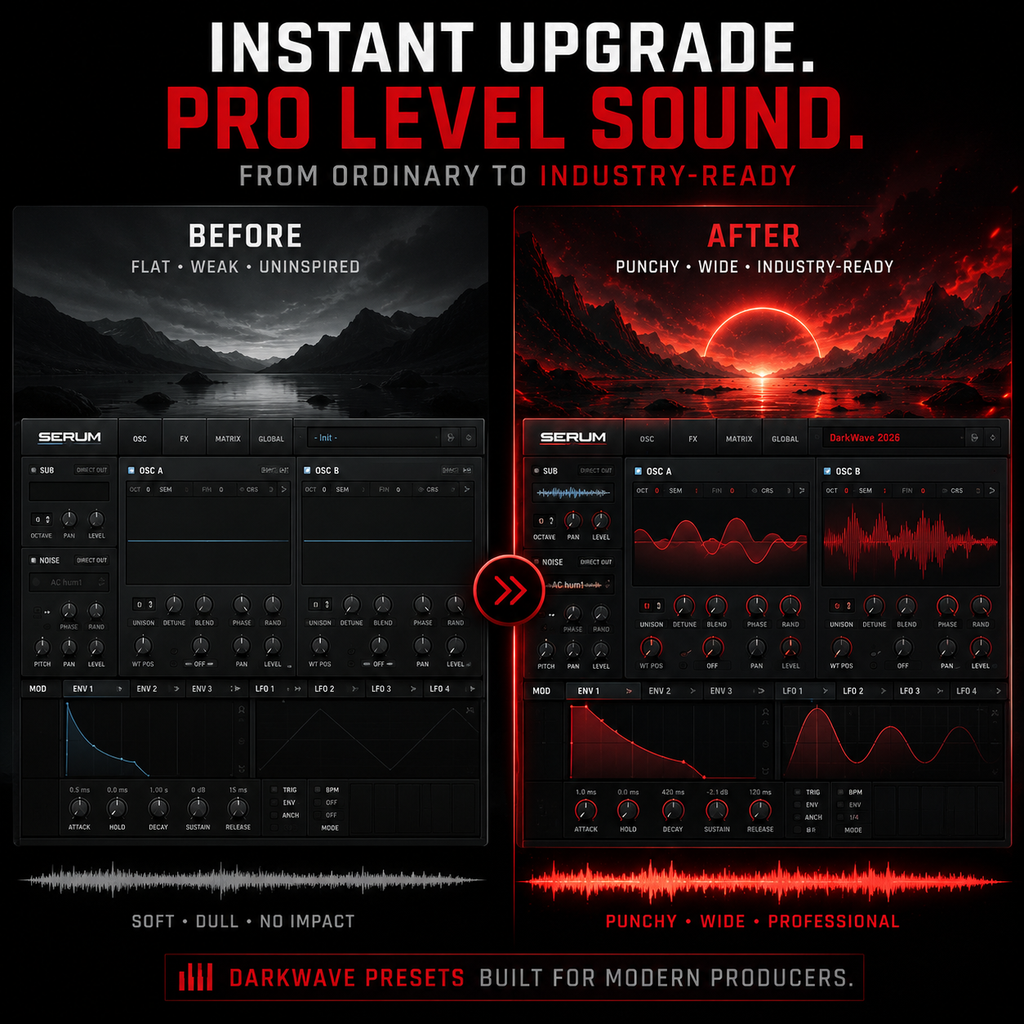 Promotional graphic for a sound preset upgrade, showing a dark software interface labeled BEFORE and AFTER with dramatic red and black visual effects. Large text at the top reads 'INSTANT UPGRADE.