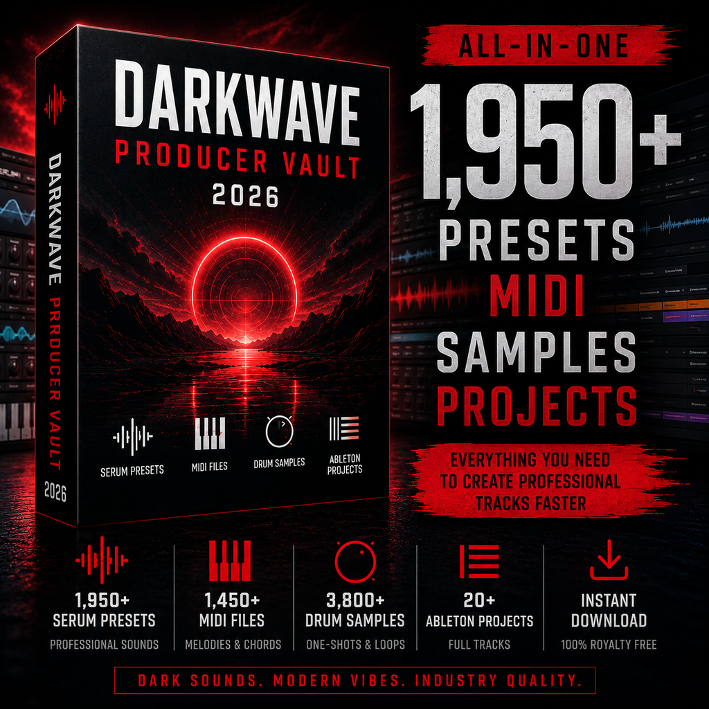 Promotional graphic for a digital product box titled 'Darkwave Producer Vault 2026' with large text reading 'All-in-One 1,950+ Presets Midi Samples Projects' and feature icons for serum presets, midi files, drum samples, Ableton projects, and instant download on a dark red and black background.