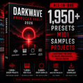 Promotional graphic for a digital product box titled 'Darkwave Producer Vault 2026' with large text reading 'All-in-One 1,950+ Presets Midi Samples Projects' and feature icons for serum presets, midi files, drum samples, Ableton projects, and instant download on a dark red and black background.