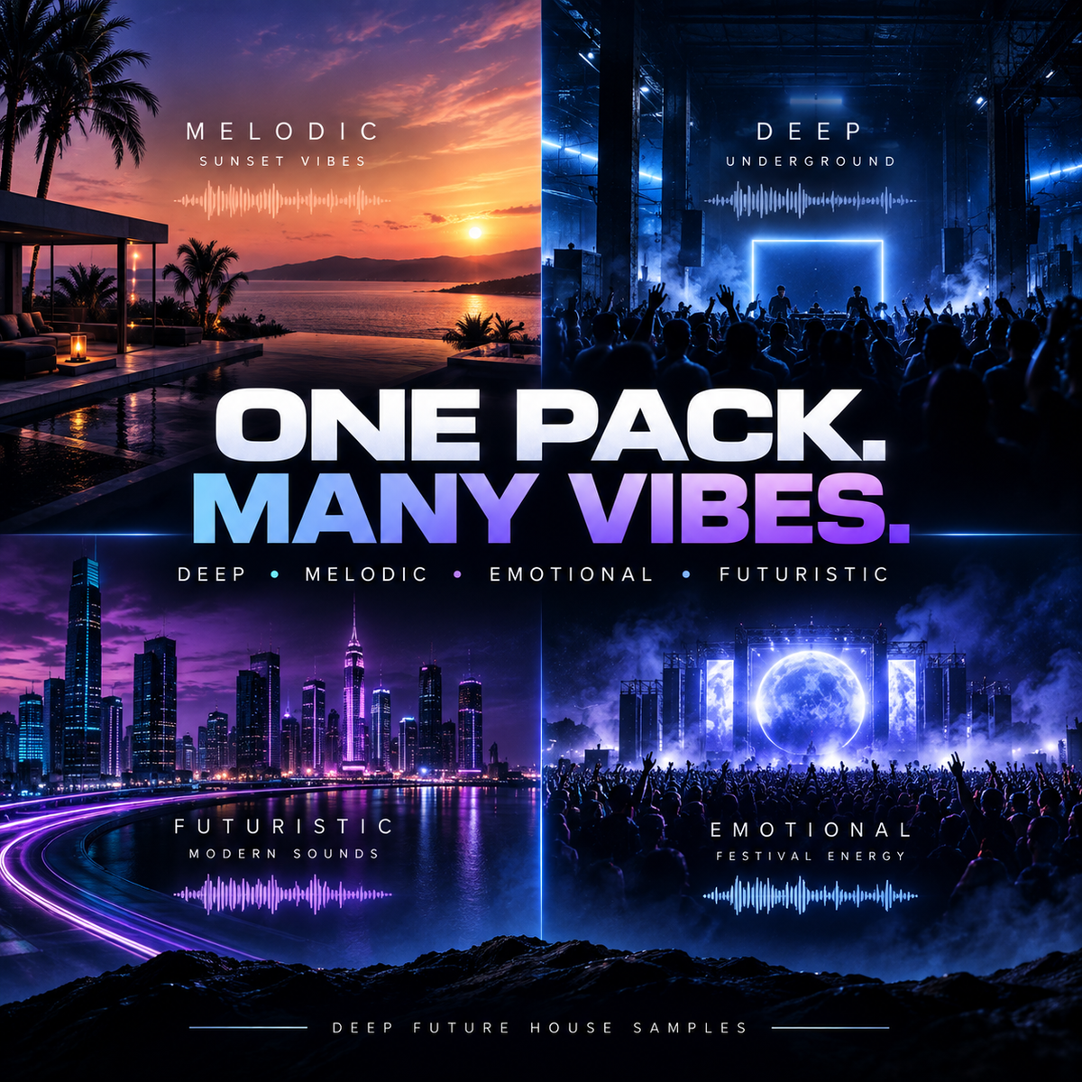 A four-panel promotional graphic for a music sample pack titled 'ONE PACK. MANY VIBES.
