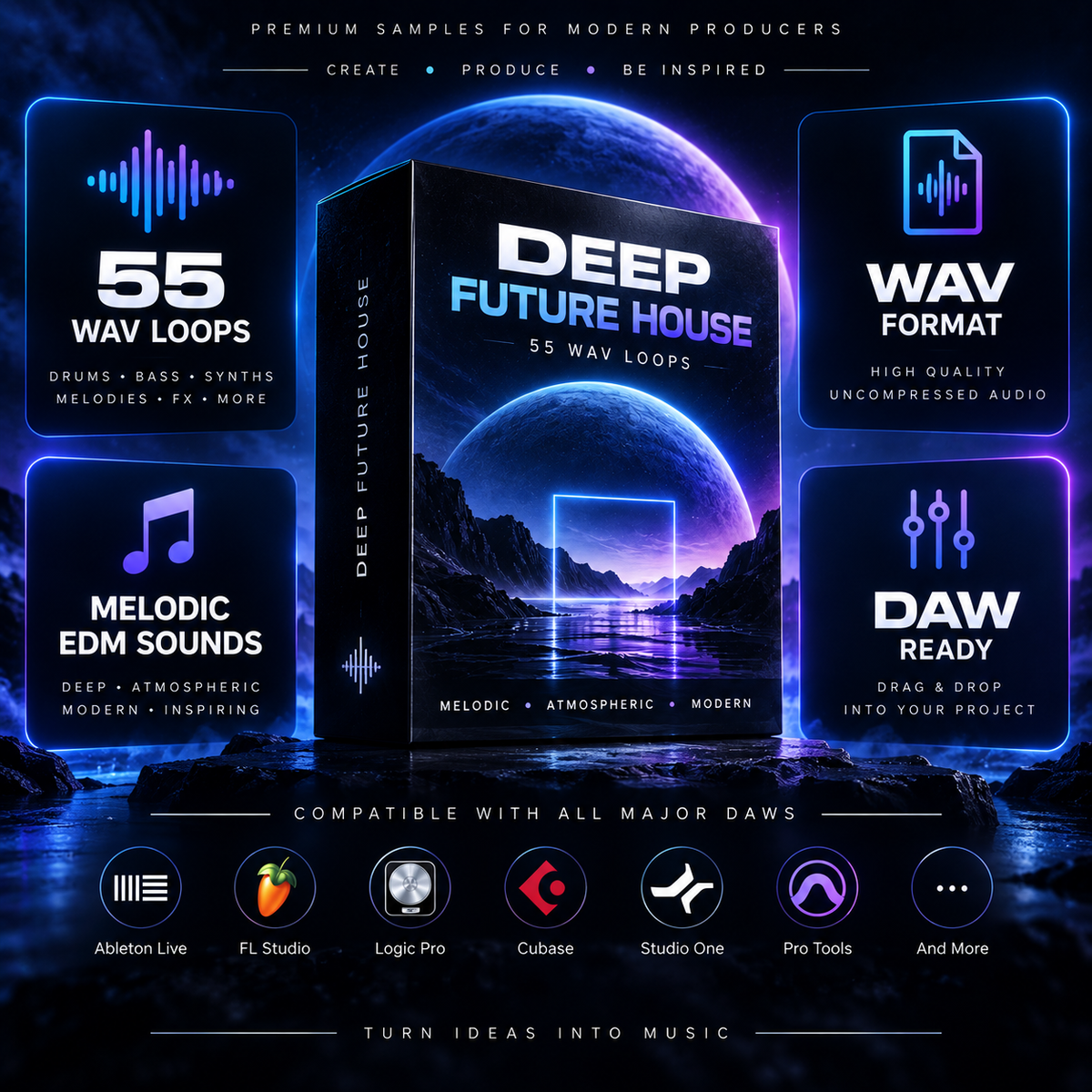 Promotional graphic for a digital audio sample pack titled 'DEEP FUTURE HOUSE' with a large central product box, glowing neon-style feature panels, compatibility logos for Ableton Live, FL Studio, Logic Pro, Cubase, Studio One, and Pro Tools, and marketing text on a dark futuristic landscape background.