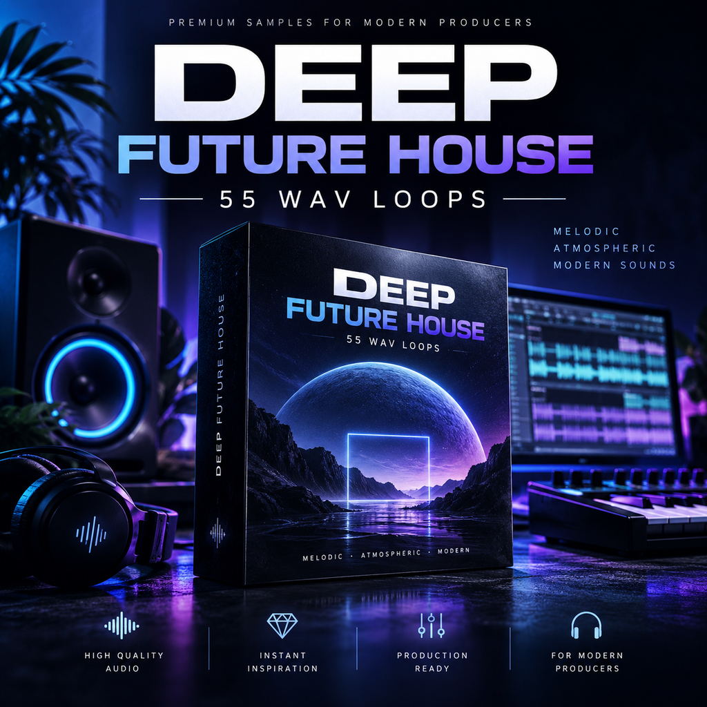 Promotional cover art for a music sample pack titled "DEEP FUTURE HOUSE 55 WAV LOOPS," shown as a boxed product in a dark studio setup with speakers, headphones, and a keyboard. Large text at the top reads the pack name, and feature icons appear along the bottom.