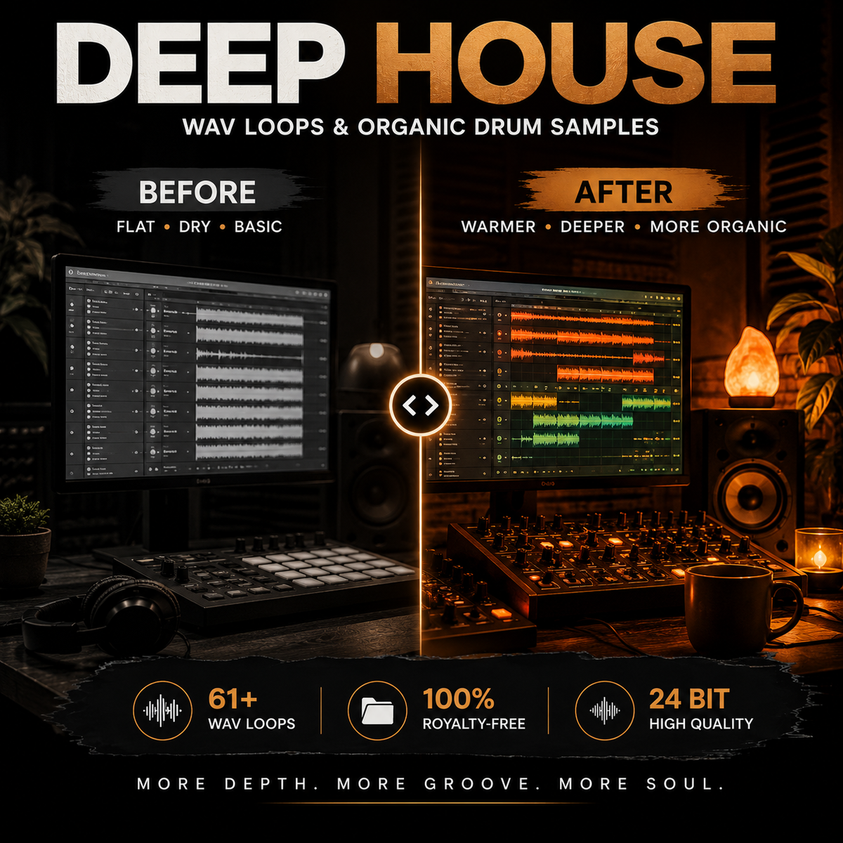 Promotional graphic for a digital audio sample pack called DEEP HOUSE, showing a split-screen comparison of digital audio workstation interfaces labeled BEFORE and AFTER. The bottom features feature badges for 61+ WAV loops, 100% royalty-free, and 24 bit high quality.