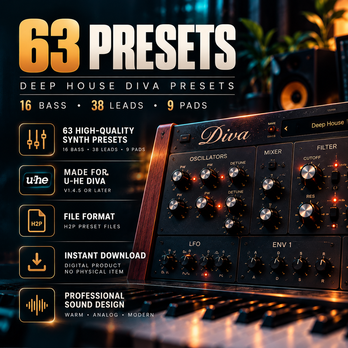 Promotional graphic for a preset pack titled '63 Presets' for Deep House Diva, showing a close-up of a dark analog-style audio module with knobs and glowing lights, alongside text listing included bass, leads, pads, and file format details.