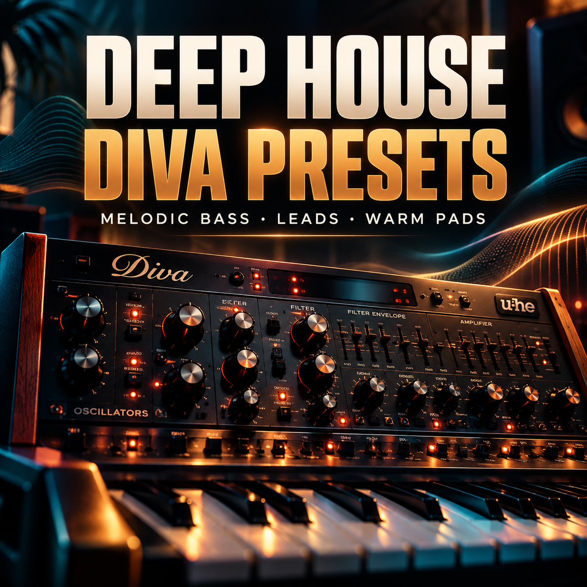 Promotional cover art for 'DEEP HOUSE DIVA PRESETS' featuring a close-up of a modular synthesizer labeled 'Diva' with glowing orange lights, a keyboard in the foreground, and stylized text over a dark, atmospheric background.