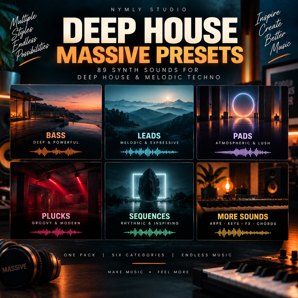 Promotional graphic for 'Deep House Massive Synth Presets' by Nymly Studio, showing six dark-themed category tiles labeled Bass, Leads, Pads, Plucks, Sequences, and More Sounds over a moody cityscape background.