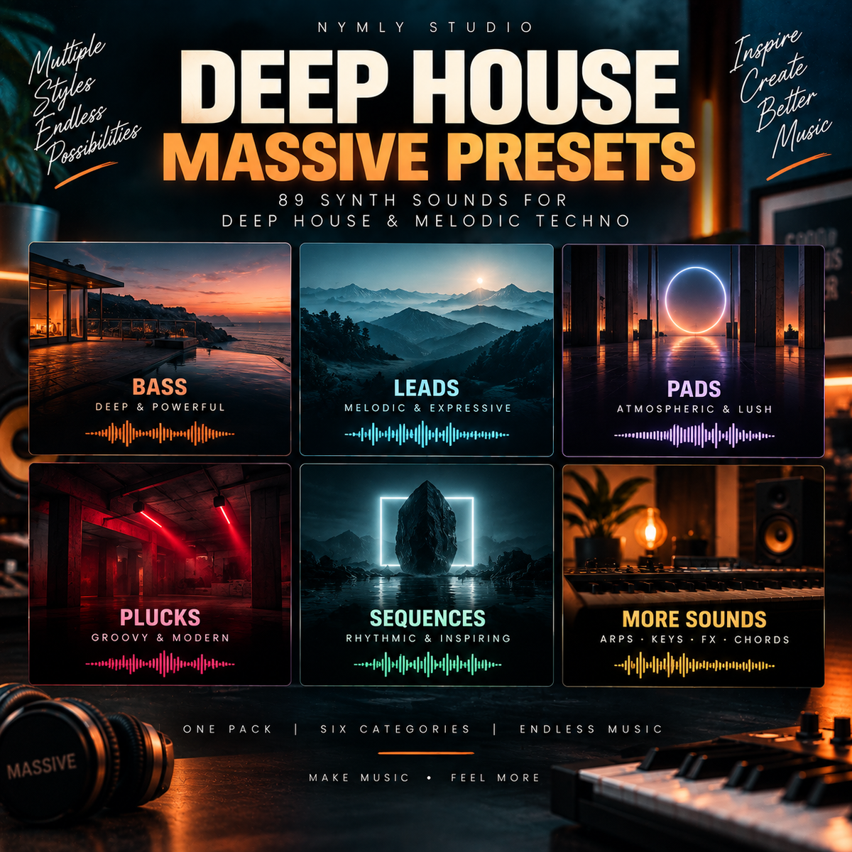 Promotional graphic for 'Deep House Massive Synth Presets' by Nymly Studio, showing six dark-themed category tiles labeled Bass, Leads, Pads, Plucks, Sequences, and More Sounds over a moody cityscape background.