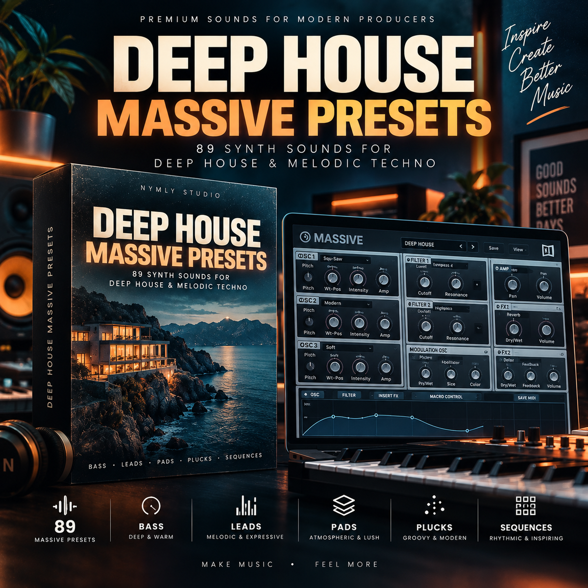 Promotional graphic for a digital audio preset pack titled 'DEEP HOUSE MASSIVE PRESETS' by Nymly Studio. The image shows a book-style product box with a coastal resort cover, a digital software interface labeled 'MASSIVE' on a laptop screen, and marketing text including '89 SYNTH SOUNDS FOR DEEP HOUSE & MELODIC TECHNO' and feature icons for 89 matches, bass, leads, pads, plucks, and sequences.