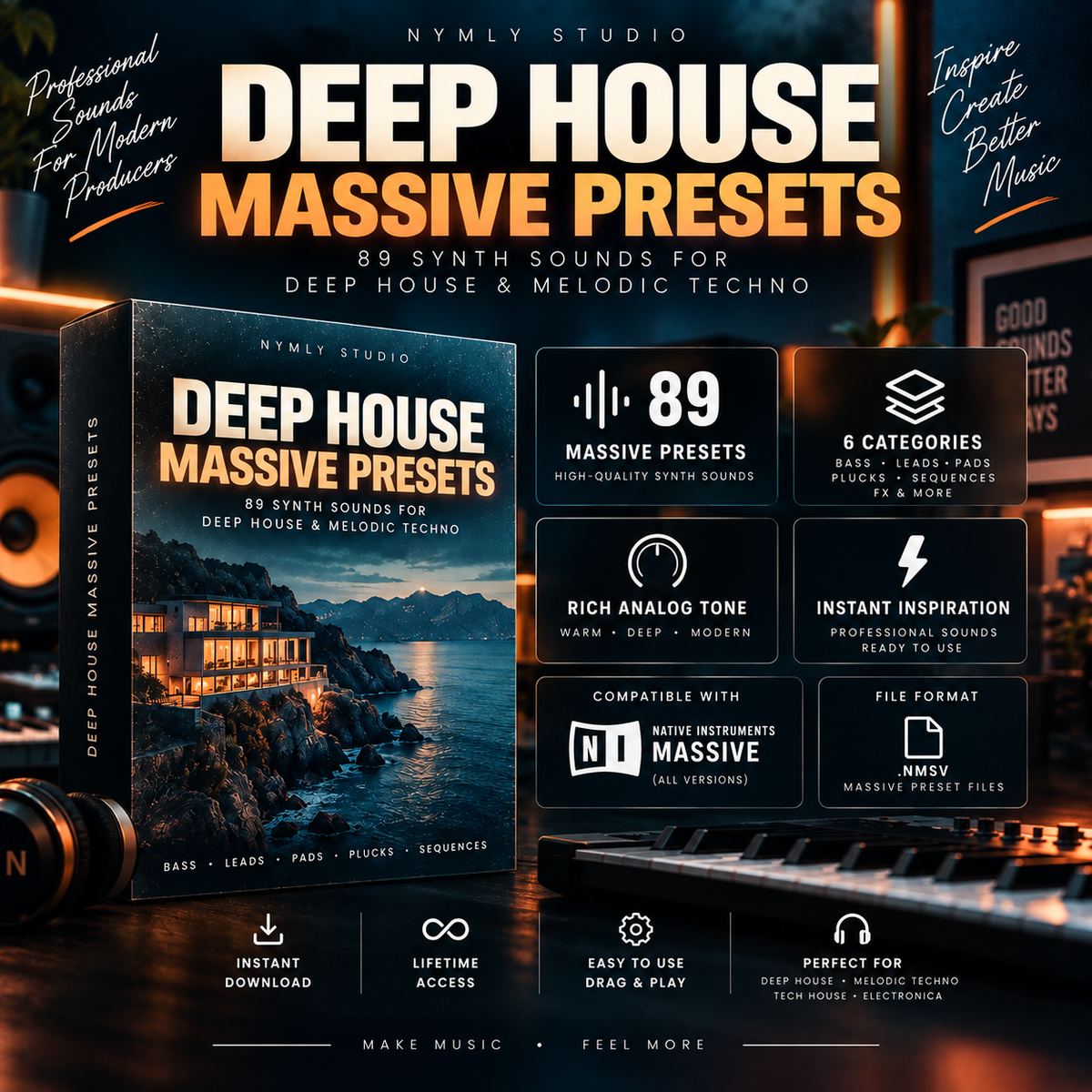 Promotional graphic for 'Deep House Massive Presets' by Nymly Studio, showing a boxed audio preset pack cover, feature callouts, and a dark moody background with stage lighting.