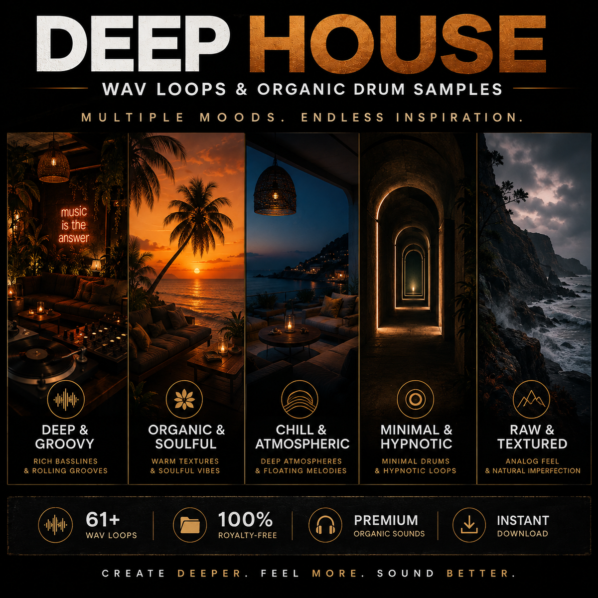 Promotional graphic for a digital audio sample pack titled 'DEEP HOUSE' with the subtitle 'WAV LOOPS & ORGANIC DRUM SAMPLES'. The design features five vertical panels showcasing different atmospheric soundscapes: a tropical sunset beach, a cozy room with a sunset window, a calm ocean night scene, a dark cave interior, and a dramatic rocky coastline.