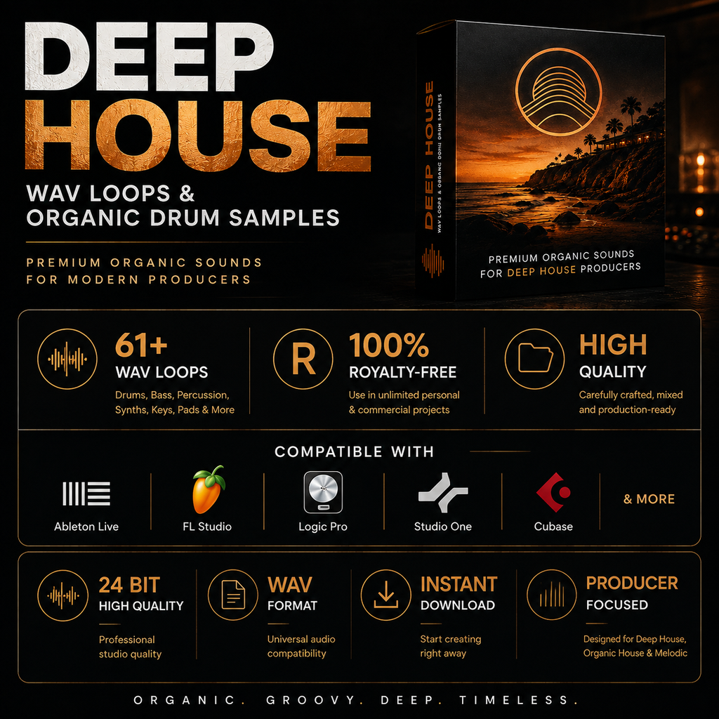 Promotional graphic for 'Deep House' WAV loops and organic drum samples, featuring a software-style product box cover with a sunset beach scene, large title text, feature callouts, compatibility logos, and a dark orange-and-black design.