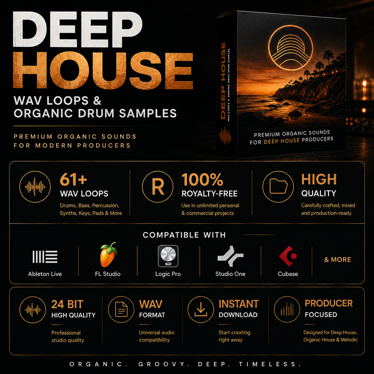 Promotional graphic for 'Deep House' WAV loops and organic drum samples, featuring a software-style product box cover with a sunset beach scene, large title text, feature callouts, compatibility logos, and a dark orange-and-black design.