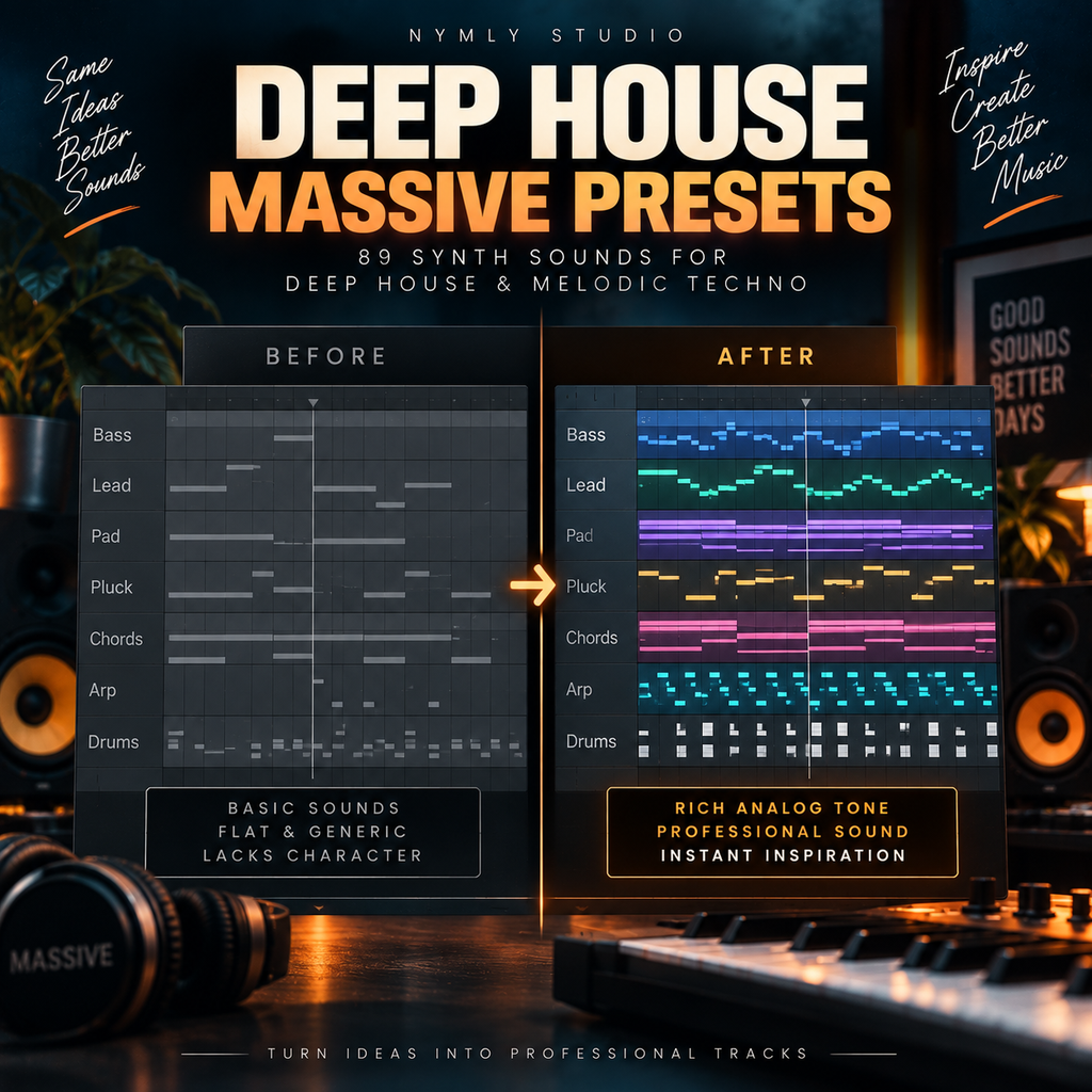 Promotional graphic for 'Deep House Massive Synth Sounds Presets' by Nymly Studio, showing before-and-after audio waveform comparisons with colorful synth tones on a dark, moody studio background with speakers and a keyboard.