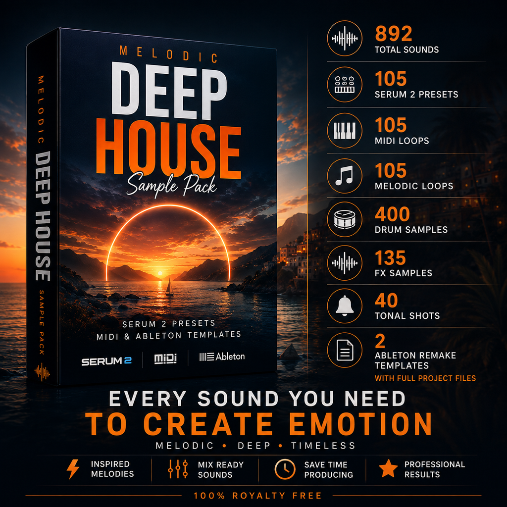 Promotional graphic for a music sample pack titled 'Melodic Deep House Sample Pack' shown on a box-style cover with a sunset landscape. The design includes feature callouts on the right side listing 892 total sounds, 105 Serum 2 presets, 105 MIDI loops, 105 melodic loops, 400 drum samples, 135 samples, 40 tonal shots, and 2 Ableton remake templates.