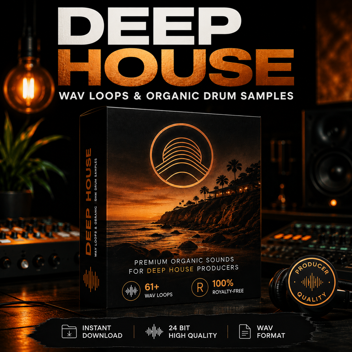 A promotional product box for a music sample pack titled "DEEP HOUSE WAV LOOPS & ORGANIC DRUM SAMPLES," shown in a dark studio setup with speakers, a bulb, and a plant. The box features a coastal sunset scene and text including "61+ WAV LOOPS," "100% Royalty Free," and "24 BIT HIGH QUALITY.