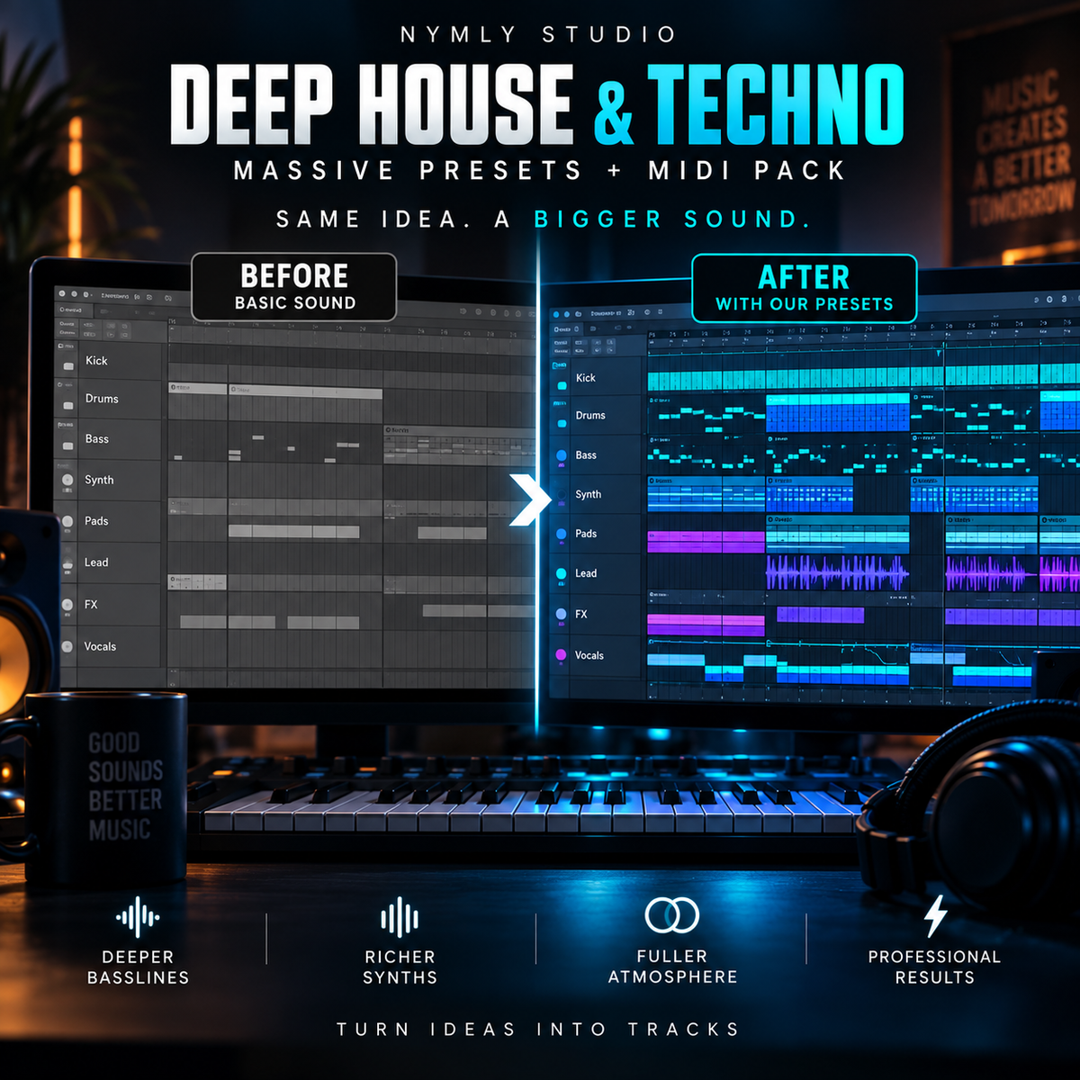 Promotional graphic for a digital preset and MIDI pack by Nymly Studio, showing a before-and-after comparison of a digital audio workstation interface. The left side displays a basic sound track, while the right side shows a vibrant, layered track with colorful audio and MIDI clips.